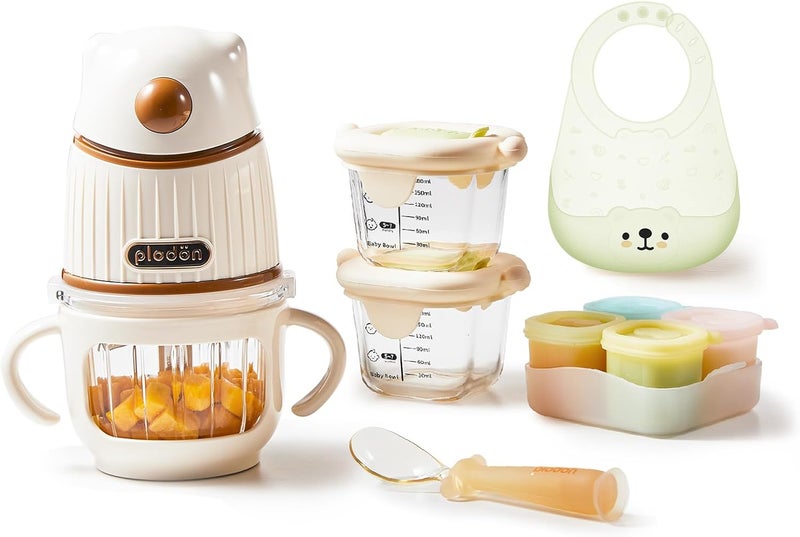 Plodon Baby Food Maker-Food Processor, Fruits, Vegetables, Meats, Potatoes, Avocados, Gift Package with A feeding spoon, A bib, A set of 4 separate food ice cube trays, and Two 200ml food storage - Image 1